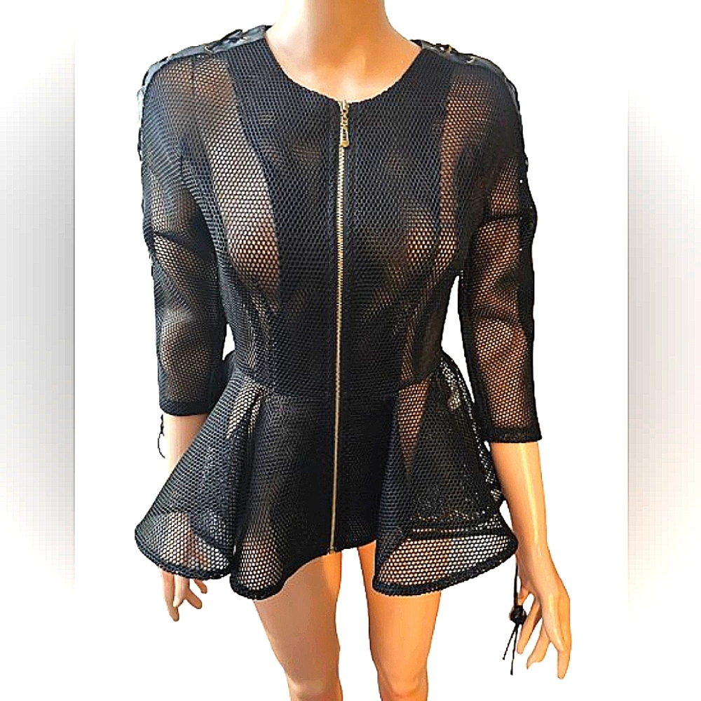 NWT Black, fishnet and faux leather peplum top, size S